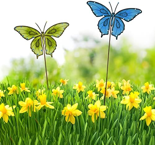 Garden Decor Metal Yard Stakes Spring Lawn Art Decorative Plant Stake Indoor Outdoor Ornaments Decoration for Patio Pathway Backyard (Blue + Green Butterfly) - Image 2