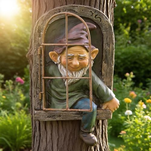 Teaeeno 12-inch Elf Out The Door Tree Hugger, Whimsical Old for Man Resin Statue with Foliage Features, Large Outdoor Tree Hugger for Yard Art, Trees Decorations Outdoor Wallmounted Statue - Image 2