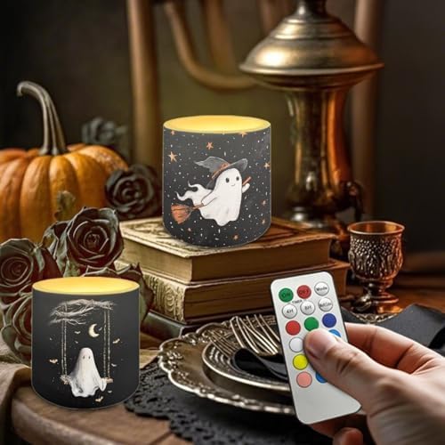 Halloween Day Flameless Candles Battery Powered LED Pillar Candle Tealight with Remote Timer Color Changing Control for Indoor Outdoor Home Decor Set of 4, Ghost - Image 2