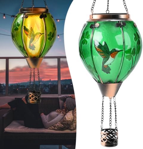 Hot Air Balloon Solar Lantern - Large Hummingbird Bird Glass Lantern, Simulated Flickering & Dancing Flame, Big Outdoor Hanging Sunflower Yard Light Waterproof IP65 for Patio Lawn Porch Decor Gift by Unknown