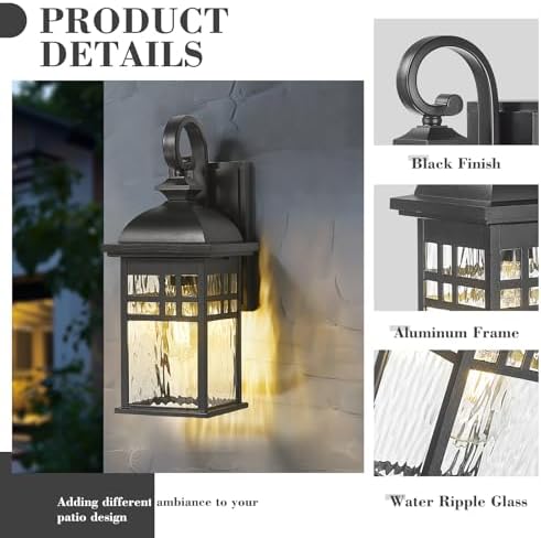 Emliviar Outdoor Light Fixture Wall Mount, Exterior Wall Sconce for Front Porch, Black Finish with Water Ripple Glass, DE279B BK-WP - Image 4