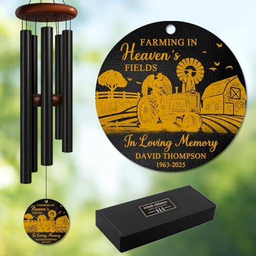 Personalized Farming Memorial Wind Chime – “Farming in Heaven’s Fields” Custom Name & Years – Tractor with Angel Wings Engraved Sympathy Gift for Farmers – Remembrance Windchime for Loss of Loved One by AlpadilCo