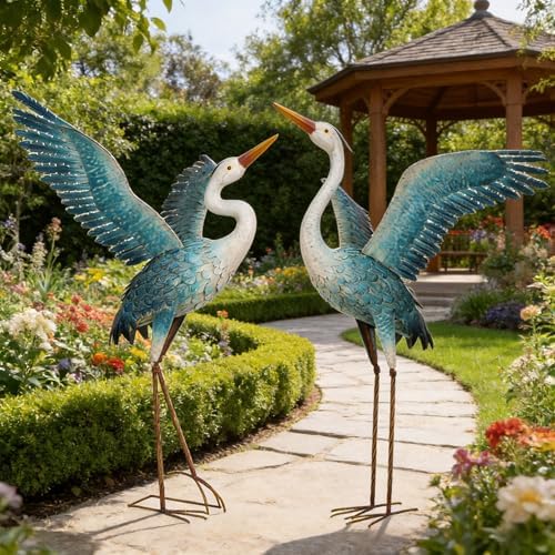 chisheen Garden Statue Outdoor Metal Heron Crane Yard Art Sculpture for Lawn Patio Backyard Decoration,46 inch (2-Pack) (White&Blue) - Image 6