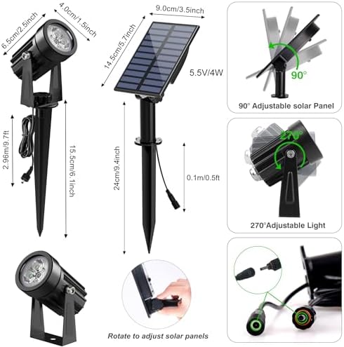 Green Solar Spot Lights Outdoor, 2 Pack Solar Landscape Spotlights IP65 Waterproof 9.8ft Cable, Auto On/Off Outdoor Wall Lights for Garden Yard Driveway Porch Walkway Pool (1-in-1) - Image 4