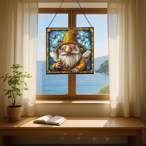 Bee Keeper Gnome Stained Glass Suncatcher – Square Hanging Window Panel for Home or Greenhouse – Whimsical Glass Art Gift for Garden Lovers, Christmas, Halloween, Father Days sRuQKl - Image 6
