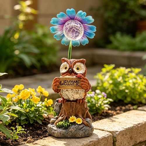 COWOS Solar Powered Owl Garden Statue with Glowing Flower Light, Hand-Painted Resin Figurine for Outdoor Patio, Yard, Lawn Decor, Gift for Nature Lovers by COWOS