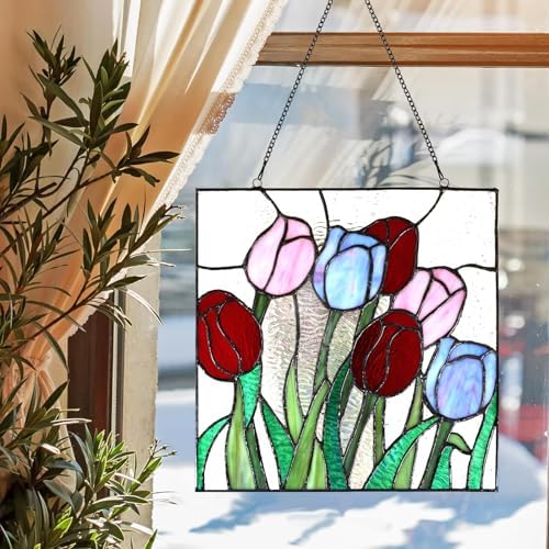PA0004 Stained Glass Hanging Panel-12 Wx12 H Window Suncatcher Tiffany Style Window Ornament,Tulip Home Hanging Decorations - Image 2