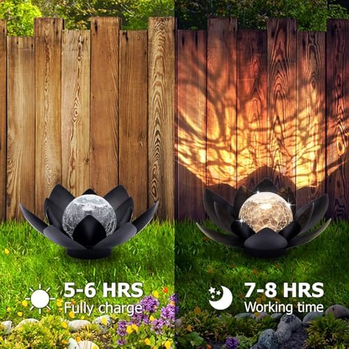 Huaxu Solar Lights Outdoor Garden Decor Metal Black Lotus Decoration, Crackle Globe Glass Waterproof LED Outside Table Lamp for Patio,Lawn, Yard,Walkway,Tabletop,Ground Gifts for Mom - Image 4