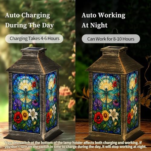Solar Lantern Blue Dragonfly Stained Glass Colorful Floral Outdoor Waterproof Hanging Solar Light Outside Lights for Patio Yard House Lawn Decor Birthday Gifts for Women Mom - Image 4