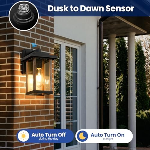 Dusk to Dawn Outdoor Wall Sconce in Wood Grain & Black, Clear Glass - Image 4
