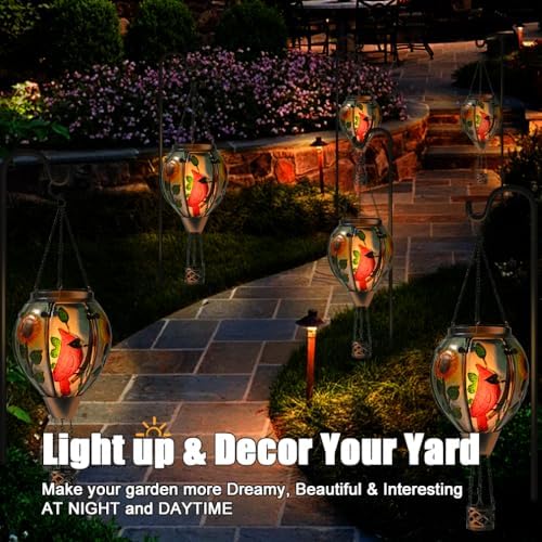Hot Air Balloon Solar Lantern - Cardinal Bird Glass Lantern, Simulated Flickering & Dancing Flame, Outdoor Hanging Yard Light Waterproof IP65 for Patio Lawn Porch Decor Gift - Image 3