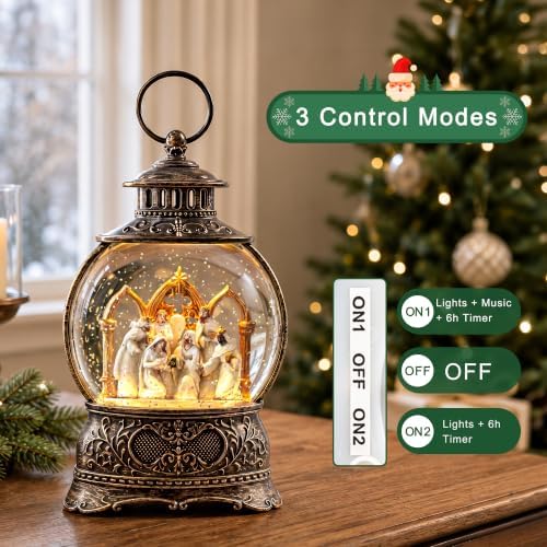 Christmas Snow Globe Lantern with Nativity Scene and Wise Men, Musical Water Lantern with Swirling Glitter, 6H Timer, USB Powered or Battery Operated, Vintage Christmas Tabletop Decor Gift - Image 6
