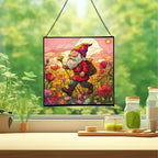 Poppy Meadow Gnome Stained Glass Suncatcher – Square Hanging Window Panel for Home or Greenhouse – Whimsical Glass Art Gift for Garden Lovers, Christmas, Halloween, Father Days DlIaQx - Image 2