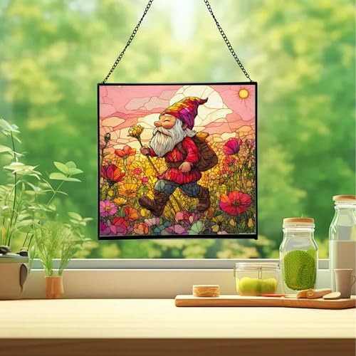 Poppy Meadow Gnome Stained Glass Suncatcher – Square Hanging Window Panel for Home or Greenhouse – Whimsical Glass Art Gift for Garden Lovers, Christmas, Halloween, Father Days DlIaQx - Image 2