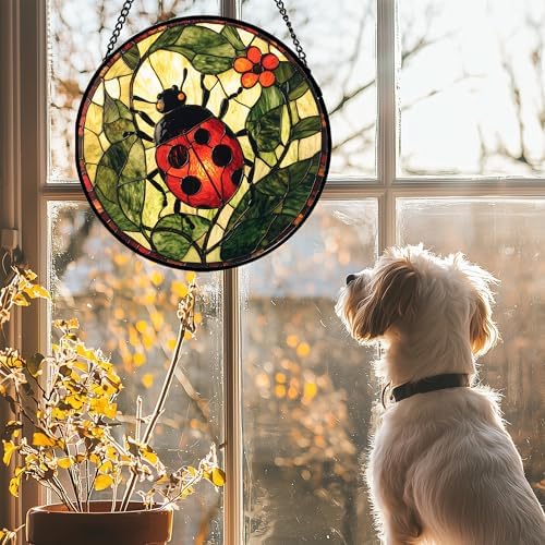 Ladybug Flower Stained Glass Window Hanging Suncatcher Gifts for Women 15" - Image 2