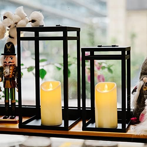 HPC Decor Black Metal Candle Lanterns Set of 2- Lanterns Decorative w/ LED Timer Candles- 15.8'' & 12.6'' Chunky Modern Farmhouse Lantern Decor for Indoor,Outdoor,Fireplace,Porch (No Glass) - Image 2