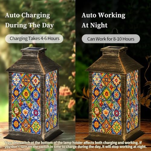 Solar Lantern Mexican Talavera Ceramic Tile Ethnic Folk Ornament Flowers Texture Outdoor Waterproof Hanging Solar Light Outside Lights for Patio Yard House Lawn Decor Birthday Gifts for Women Mom - Image 4