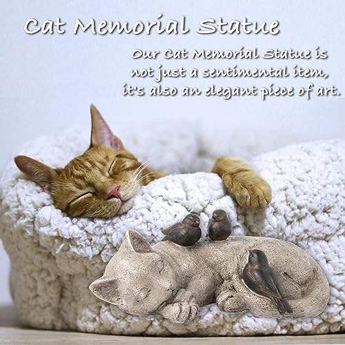 Sleeping Cat Garden Statues Outdoor - 12" Sparrows On Cat Figurine Memorial Statue Grave Markers Garden Resin Statues for Outdoor Decor Outdoor Statue Resin 12" x 8" x 4.5" - Image 4