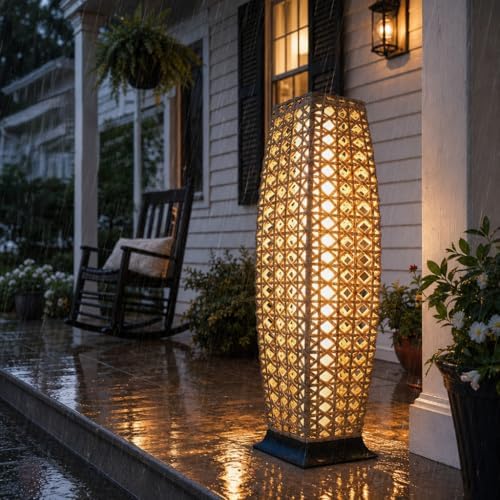 Grand patio Outdoor Floor Lamp Solar Lantern, Water-Resistant Natural Wicker Boho Patio Light with 50/100 Lumens Dual Brightness & Memory Mode for Garden Porch Deck Decor, Large Diamond Natural by GrandPatio