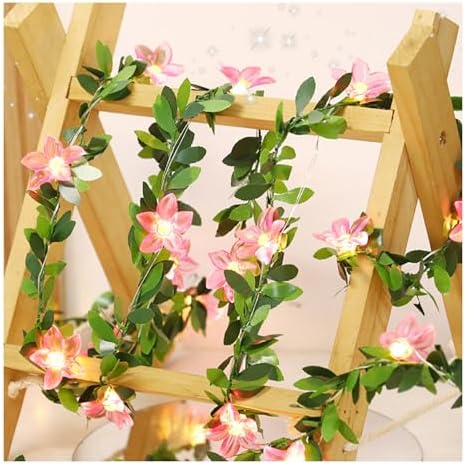 Flower Decor String Lights|Creative Christmas Petal-Shaped Copper Wire Fairy Lights|LED Floral Plant Design Ambient Light for Party Bedroom Patio,Pink Flower With Leaves,5m(16.4ft)-50LED-Battery by CAKERS