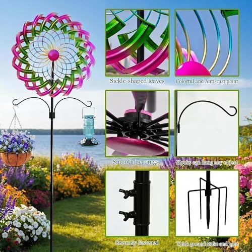 Large Metal Wind Spinner Outdoor, 96'' Adjustable Height with 24'' Sickle Blades, Water Ripple Motion & Smooth 360° Rotation, Weatherproof Garden Decor for Patio Lawn Backyard (Red&Blue) - Image 2