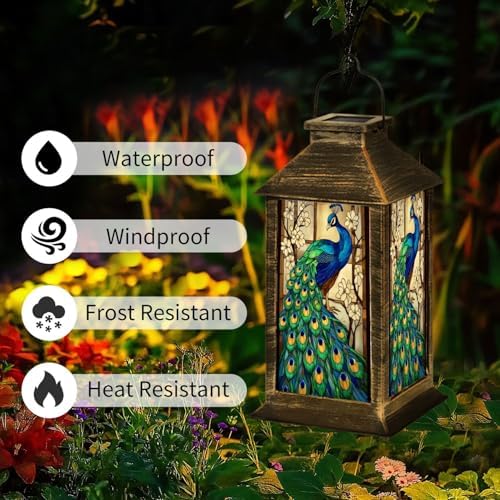 Solar Lantern Stained Glass Vibrant Blue Green Feathers Among White Blossoms Outdoor Waterproof Garden Hanging Lantern Solar Powered Lighting Outside Table Lamp for Patio Deck Camping 1 Pack - Image 2