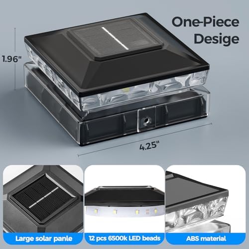 Solar Post Cap Lights, 6500K Cool White IP65 Waterproof Solar Powered Fence Light for 4x4 Wood Post & 5x5 Vinyl Fence, Deck Patio Garden Yard Outdoor Landscape Lighting, ABS Material (Black, 16pack) - Image 5