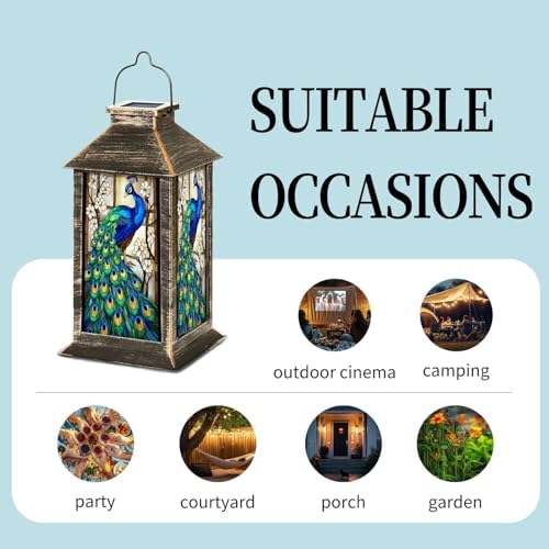 Solar Lantern Stained Glass Vibrant Blue Green Feathers Among White Blossoms Outdoor Waterproof Garden Hanging Lantern Solar Powered Lighting Outside Table Lamp for Patio Deck Camping 1 Pack - Image 5