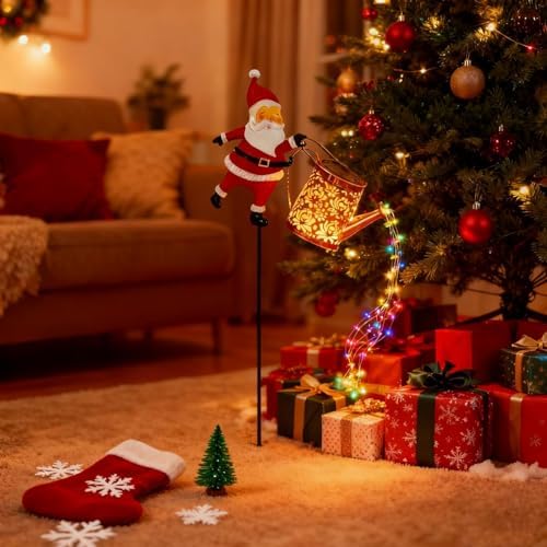 Christmas Santa Solar Kettle Light, 2PCS Waterproof Santa Solar Garden Lights Outdoor, Cute Santas Solars Watering Can Cascading Light LED, Novelty Santas Solars Christmas Decorations Night Lights - Image 5