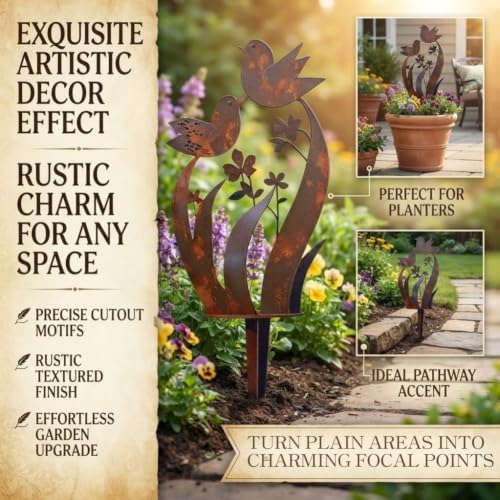 Bird & Wildflower Metal Garden Stake, Outdoor Yard Decor Art Stakes (4PCS) - Image 4