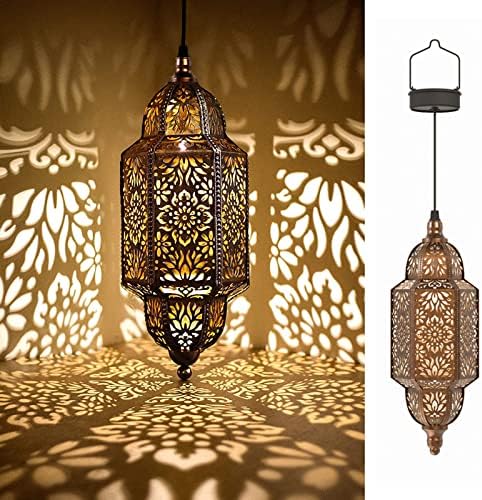 Twinkya 2 Pack Hanging Solar Lights Outdoor Garden Decorative Solar Lantern Waterproof Metal Moroccan Outdoor Decorations for Patio Pathway Yard Porch Backyard Garden Decor (Gold, 2 Pack) by twinkya