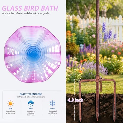 MUMTOP Glass BirdBaths, Garden Outdoor Birdfeeder with Metal Stake, Purple - Image 3