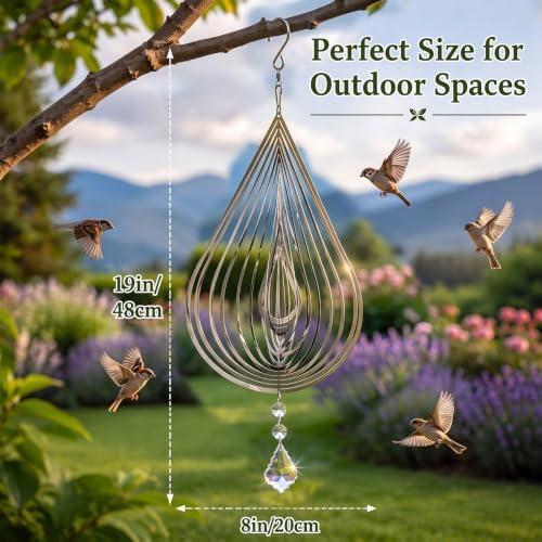 4 PCS 19" 3D Hanging Wind Spinners Water Droplets Stainless Steel Double Sided Hanging Decor for Outdoor and Gardens, Bird Devices Deterrent to Scare Birds Away from Yard Patio Farm - Image 2