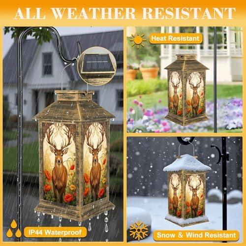 Solar Lantern Outdoor Garden Hanging Lantern Majestic Deer Large Antlers Ornate Vibrant Floral Forest Waterproof Solar Powered Lighting Outside Table Lamp for Patio Deck Yard Camping - Image 3