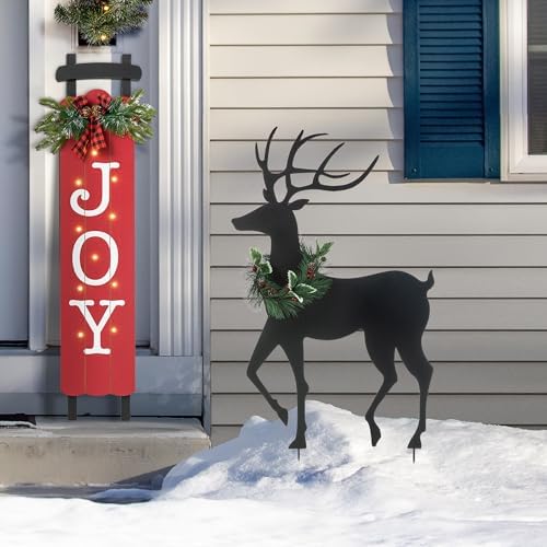 Glitzhome Set of 2 Metal Silhouette Reindeers Yard Sign with Stake, 42" H Christmas Decorative Standing Wall Hanging Decoration for Garden Home Lawn Pathway Walkway - Image 3