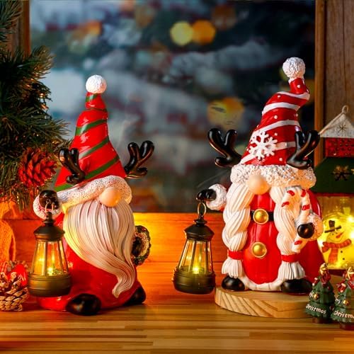 Suzile 2 Pack 9.4 Inch Gnome Statue Christmas Garden Decor with Solar Lights Resin Outdoor Christmas Decoration Figurine with LED Lantern Outside for Courtyard Lawn Patio Porch Housewarming Gift - Image 2