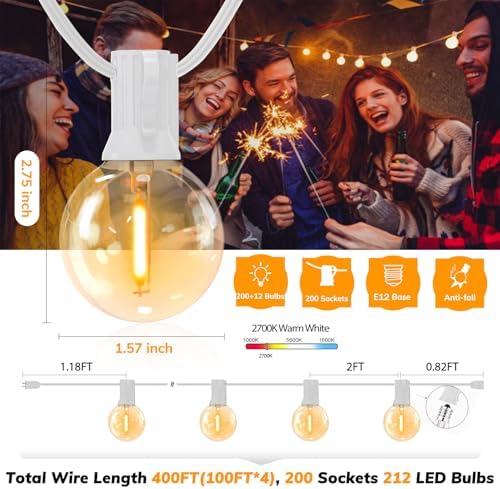 Achin Outdoor String Lights White 400FT(100ft*4) Patio Lights Outdoor Waterproof with 212 LED Bulbs(12 Spare) Shatterproof G40 Globe String Lights for Outside Wedding Backyard, White Wire, 2700K - Image 2