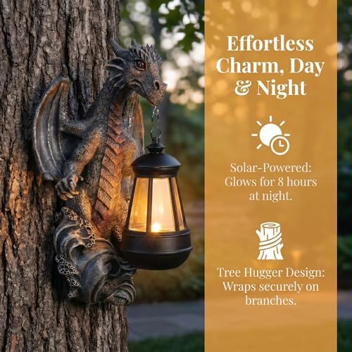 10" Dragon Solar Lantern Outdoor Garden Statue - Resin Tree Hugger Decor Figurine, Fantasy Yard Art with Solar Light for Patio Lawn Porch, Unique Medieval Whimsical Gift for Dragon Lovers - Image 5