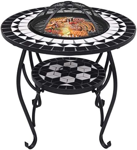 26.8 Inch Mosaic Fire Pit Table for Outdoor Patio, Steel Wood Burning Firebowl with Ceramic Tile Surface, Safety Mesh Cover and Poker Tool - Image 3