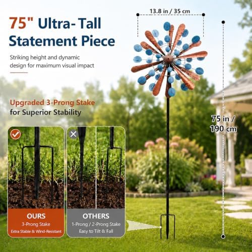 75in Metal Wind Spinner with Solar Light Outdoor Garden Yard Art Decor - Image 2
