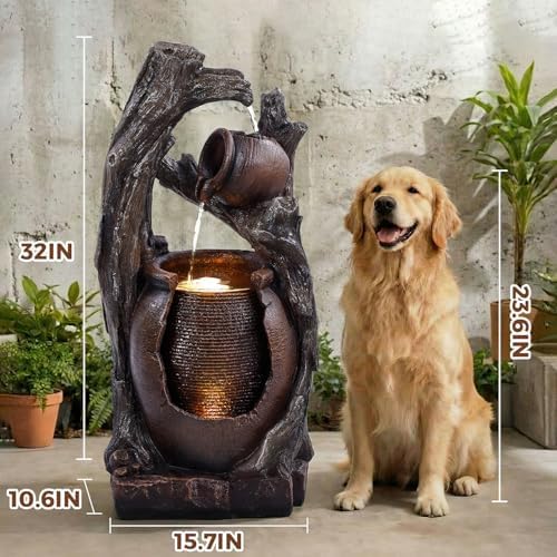 Jocoevol 32" H Outdoor Water Fountain, 2-Tiers Clay Pot Waterfall Fountain - Image 3