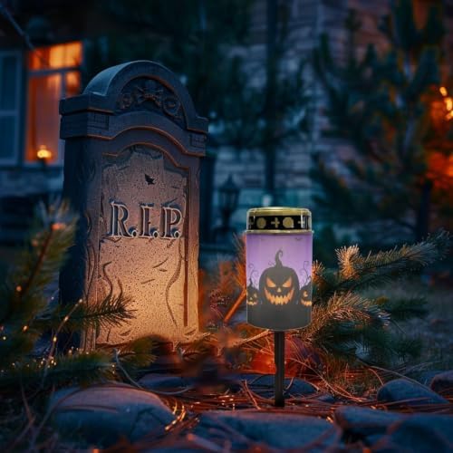 Poceacles Outdoor Solar Powered Cemetery Lights Grave Outdoor Stake Lights Garden Solar Lantern Flameless Candles Halloween Garden Decoration, Pumpkin Bat Print Violet, Pack of 4 - Image 2