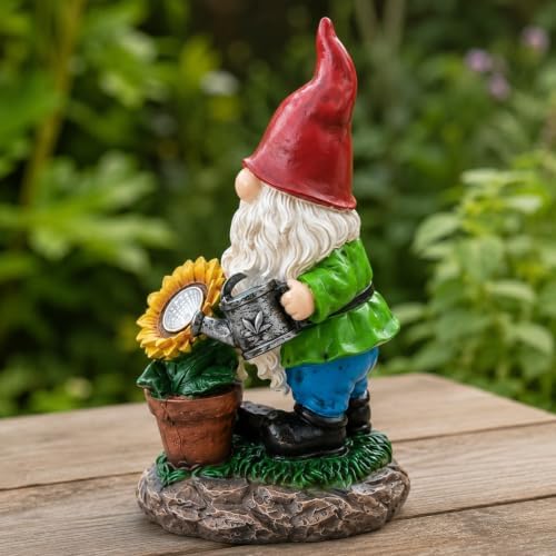 Solar Garden Gnome Statue with Sunflower Light, Resin Outdoor Yard Figurine Holding Watering Can for Lawn, Patio, Porch and Flower Bed Decor, 1-Piece - Image 5