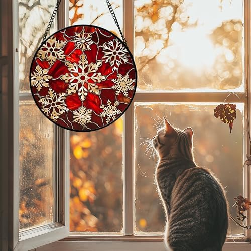 DASTOLL Stained Glass Window Hanging 4 Pcs Set Red Christmas Elk Snowflakes Large 11.8" - Deer Suncatcher Door Garden Sun Catcher Decor Birthday for Mom Woman Nana Men Friend - Image 4