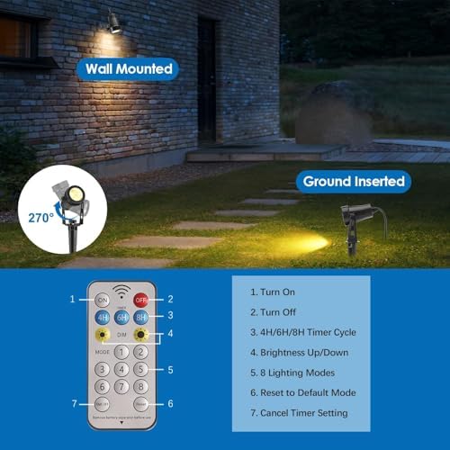 ALOVECO Solar Spot Lights Outdoor 4-in-1 Solar Powered Spotlights IP65 Waterproof with Remote 29.5ft Cable Auto On/Off 8 Modes Solar Uplights Outdoor for Garden Yard Landscape Tree 2700K Warm White - Image 5