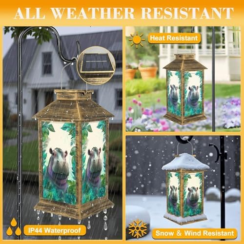 Solar Lantern Outdoor Waterproof Watercolor Hippo Portrait Cute Boho Feathers Prints Animals Posters Garden Decor LED Hanging Solar Lights Tabletop Lamp Gifts for Women Mom Outside Yard Patio Porch - Image 3