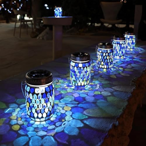 Cooo Mosaic Lanterns Outdoor Waterproof with 215% Larger Solar Panel, Never Rust Lids, True Capacity Battery- Solar Mason Mosaics Jar Lantern for Patio Garden Yard Balcony Hanging or Table (1) by Cooo