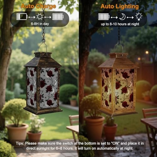 Solar Lantern Outdoor Garden Hanging Lantern Gothic Red Roses Crescent Moons Grey Waterproof Solar Powered Lighting Outside Table Lamp for Patio Deck Yard Camping - Image 4