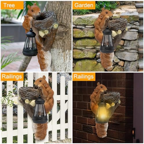 Squirrel Tree Hugger Garden Outdoor Statue Decor with Solar Powered Lantern for Outside Porch Patio Wall Tree Fence, Squirrel Figurine Birthday Gifts for Mom - Image 6