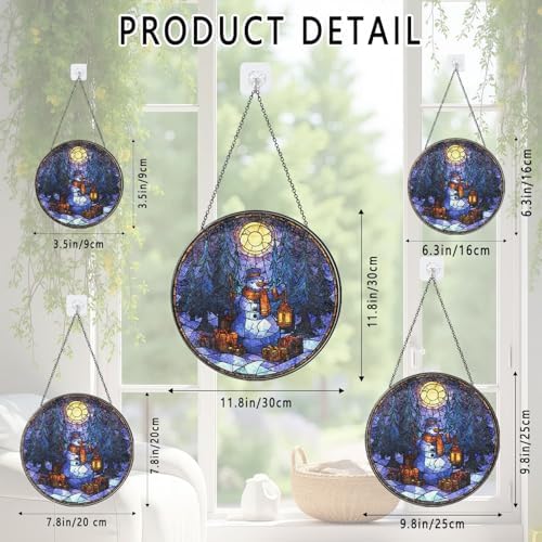 Stained Glass Window Hanging Snowman Lantern and Christmas Forest Sun Catchers Holiday Winter Scene Suncatchers for Living Room Garden Outdoor Indoor and Home Decor (9.8x9.8 in) - Image 3